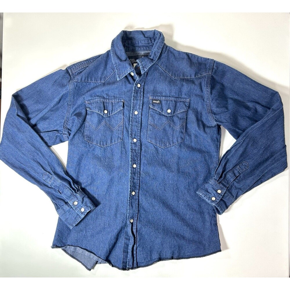 Wrangler Boys Sz XXL Denim Western Shirt Medium Blue Long Sleeve Pearl Snap